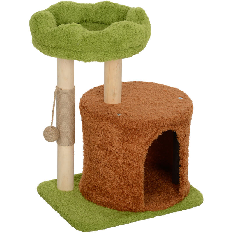 foto del prodotto pawhut albero per gatti con casetta, lettino e pallina giocattolo verde