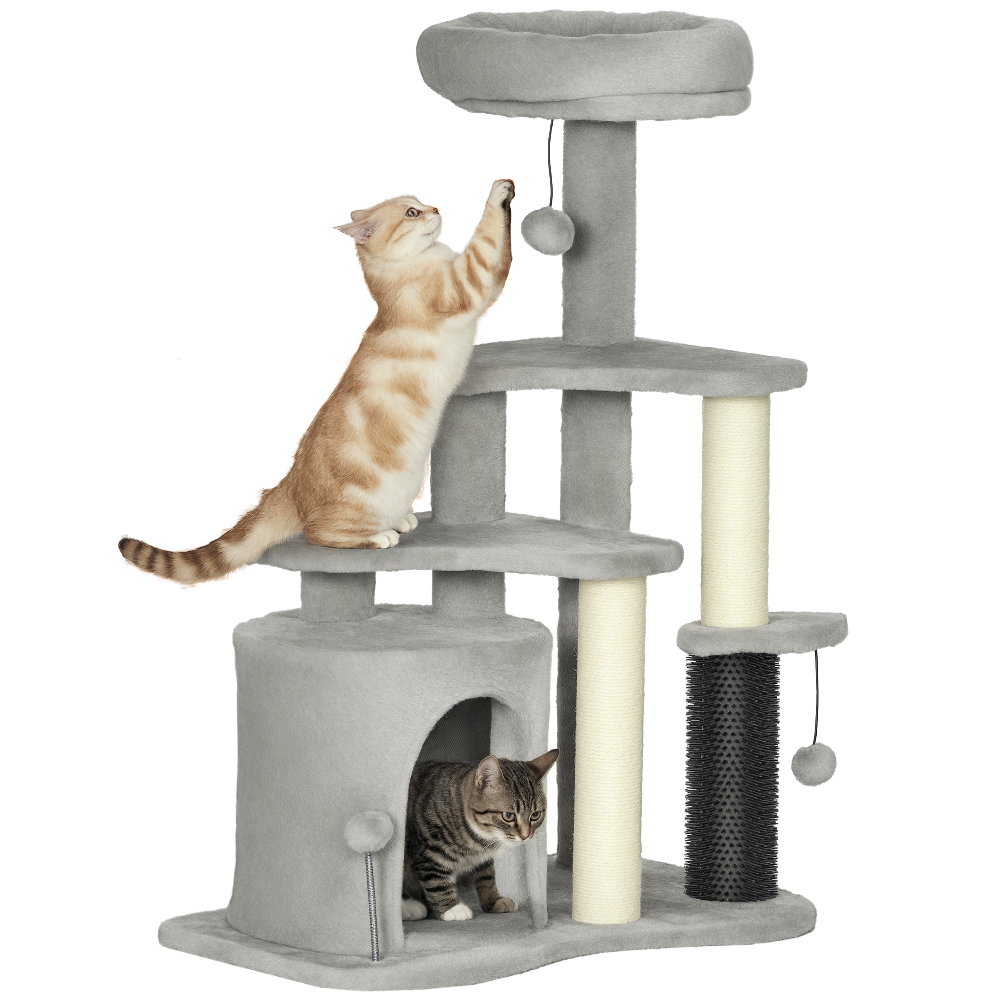 foto del prodotto pawhut albero per gatti con casetta, lettino e palline, in truciolato, sisal e peluche, 60x39x87 cm, grigio chiaro e crema