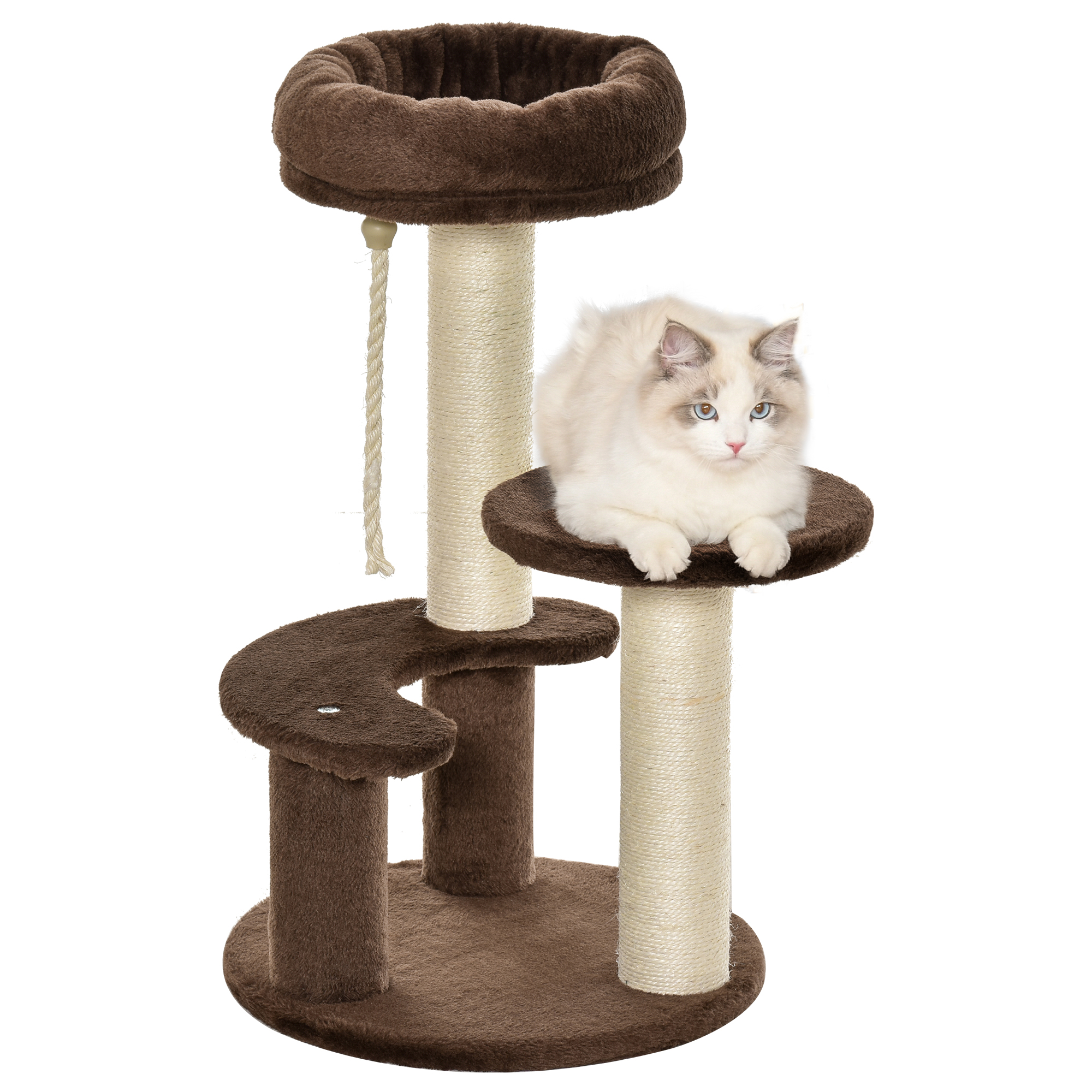 foto del prodotto pawhut albero tiragraffi per gatti a 3 livelli con lettino in peluche e pali in sisal, 40x65 cm, marrone