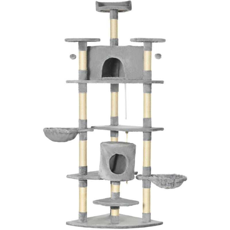 foto del prodotto pawhut - albero tiragraffi per gatti alto 2m con amache e casette grigio chiaro