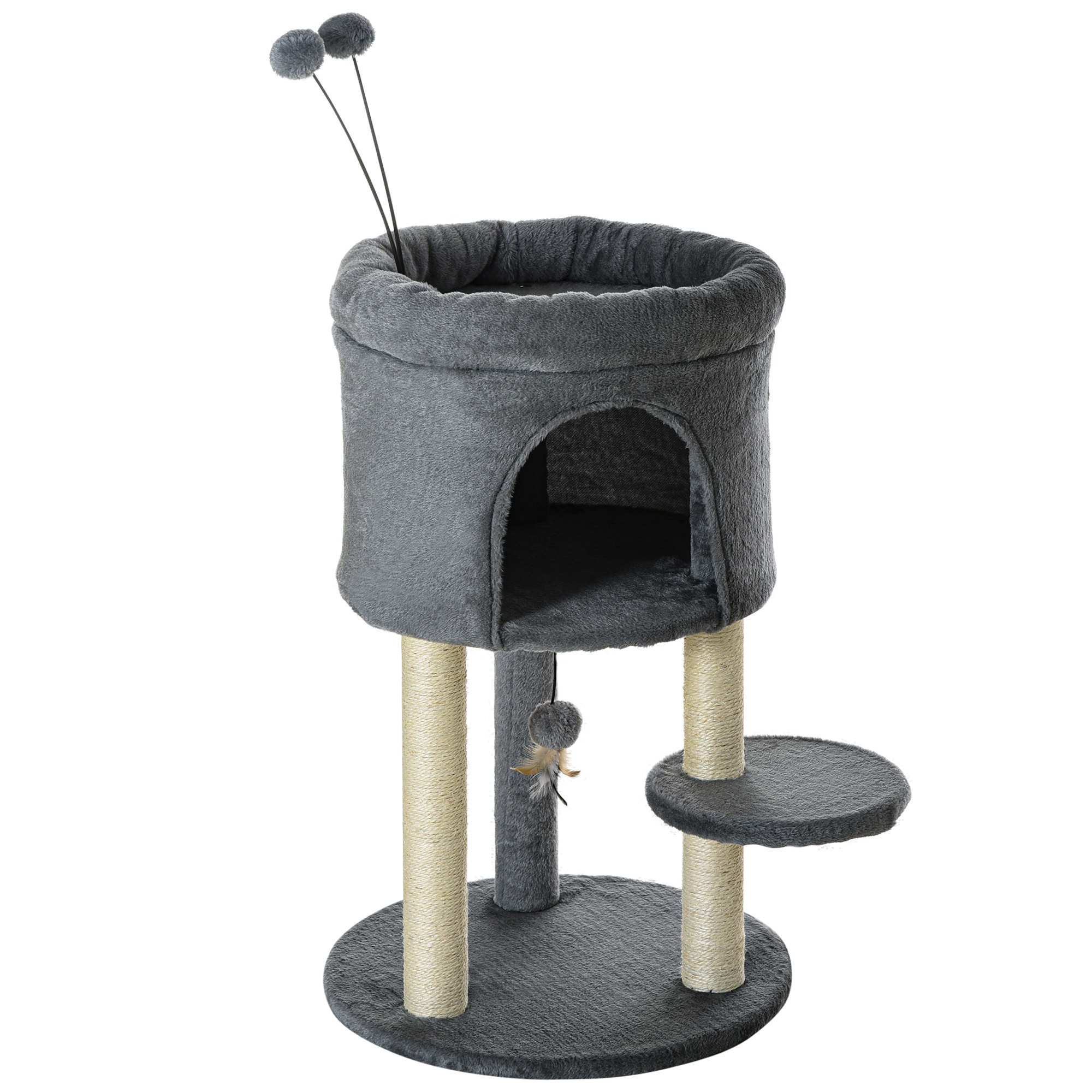 foto del prodotto pawhut albero tiragraffi per gatti con casetta e lettino, pali in sisal e palline, 44.5x44.5x73.5cm, grigio aosom