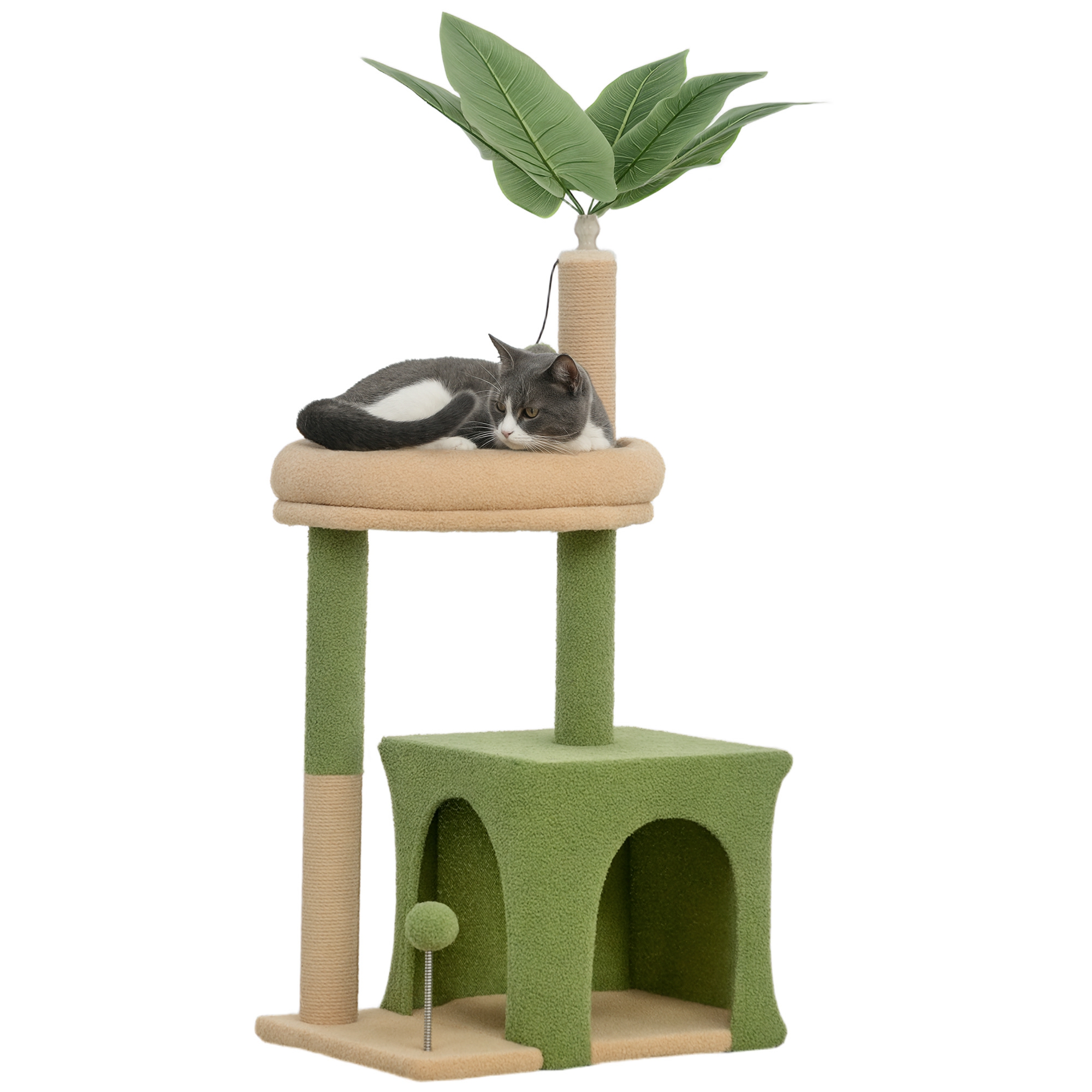 foto del prodotto pawhut albero tiragraffi per gatti con casetta, lettino e 2 palline, in legno e poliestere, 44x30x98 cm, verde e marrone