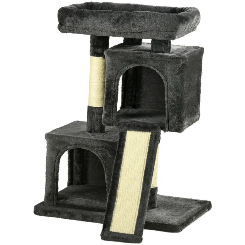 foto del prodotto pawhut - albero tiragraffi per gatti con lettino, 2 casette e pali in sisal grigio