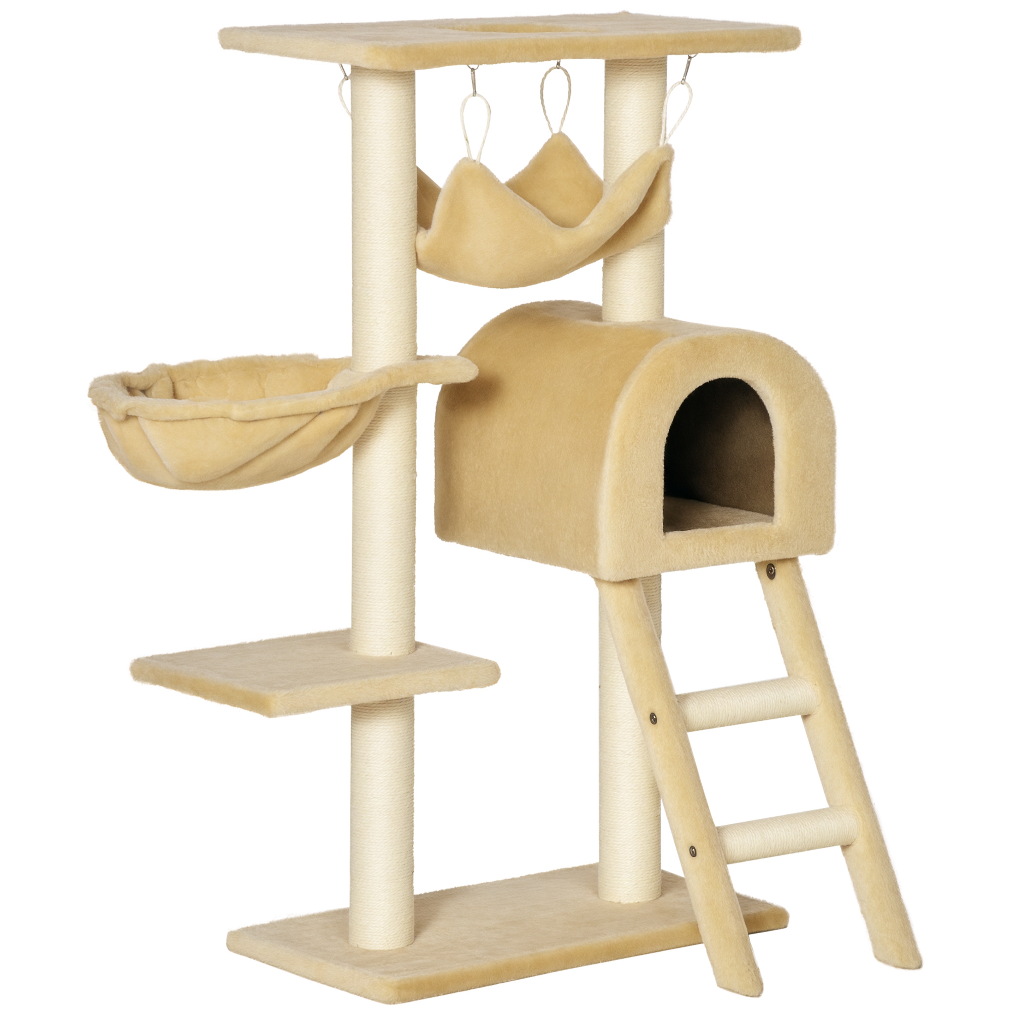 foto del prodotto pawhut albero tiragraffi per gatti multilivello con amaca e casetta, corde in sisal naturale, beige, altezza 98cm aosom