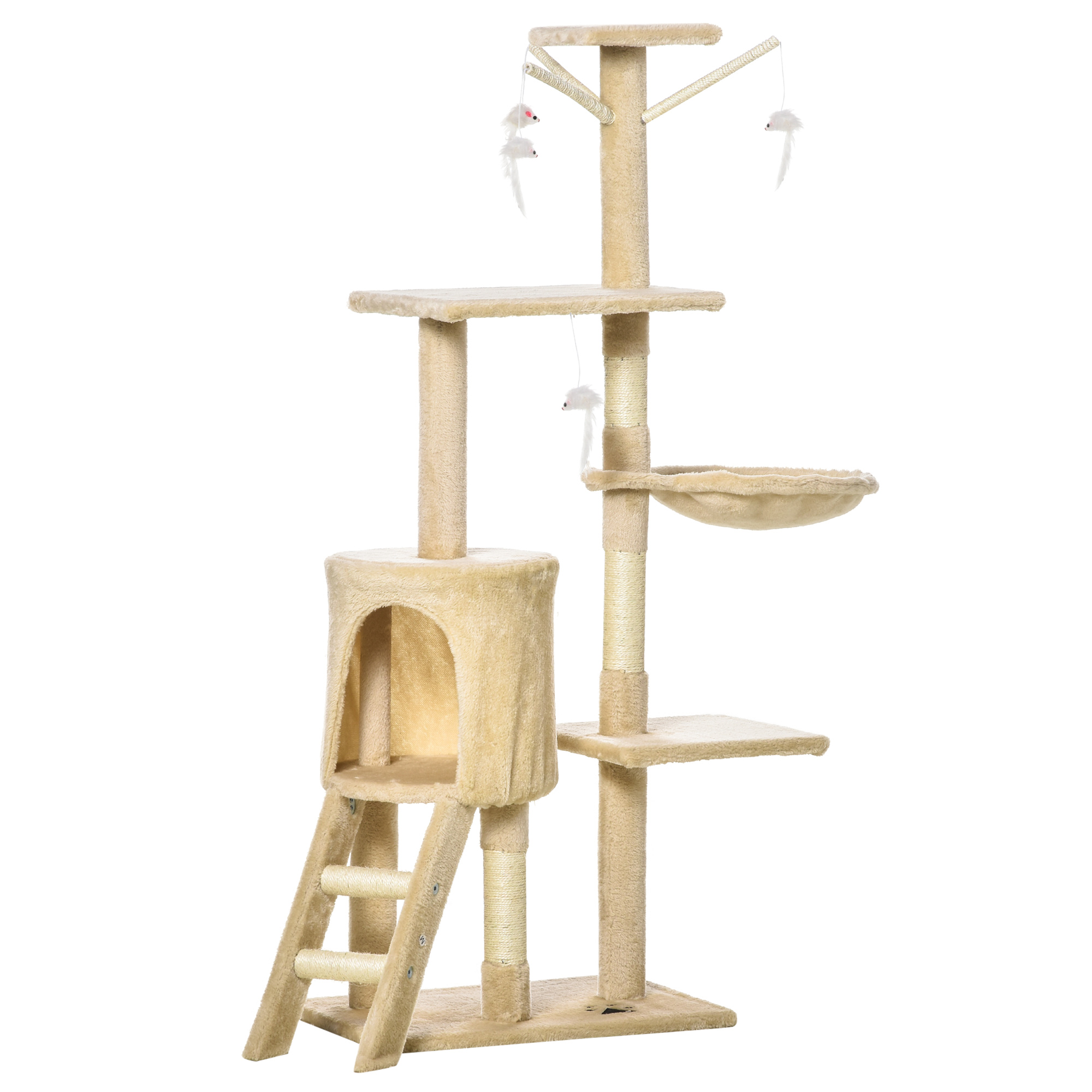foto del prodotto pawhut albero tiragraffo per gatto con cuccia e giocattolo sospeso graffiatoio gioco albero per gatti beige 40 30 131cm aosom