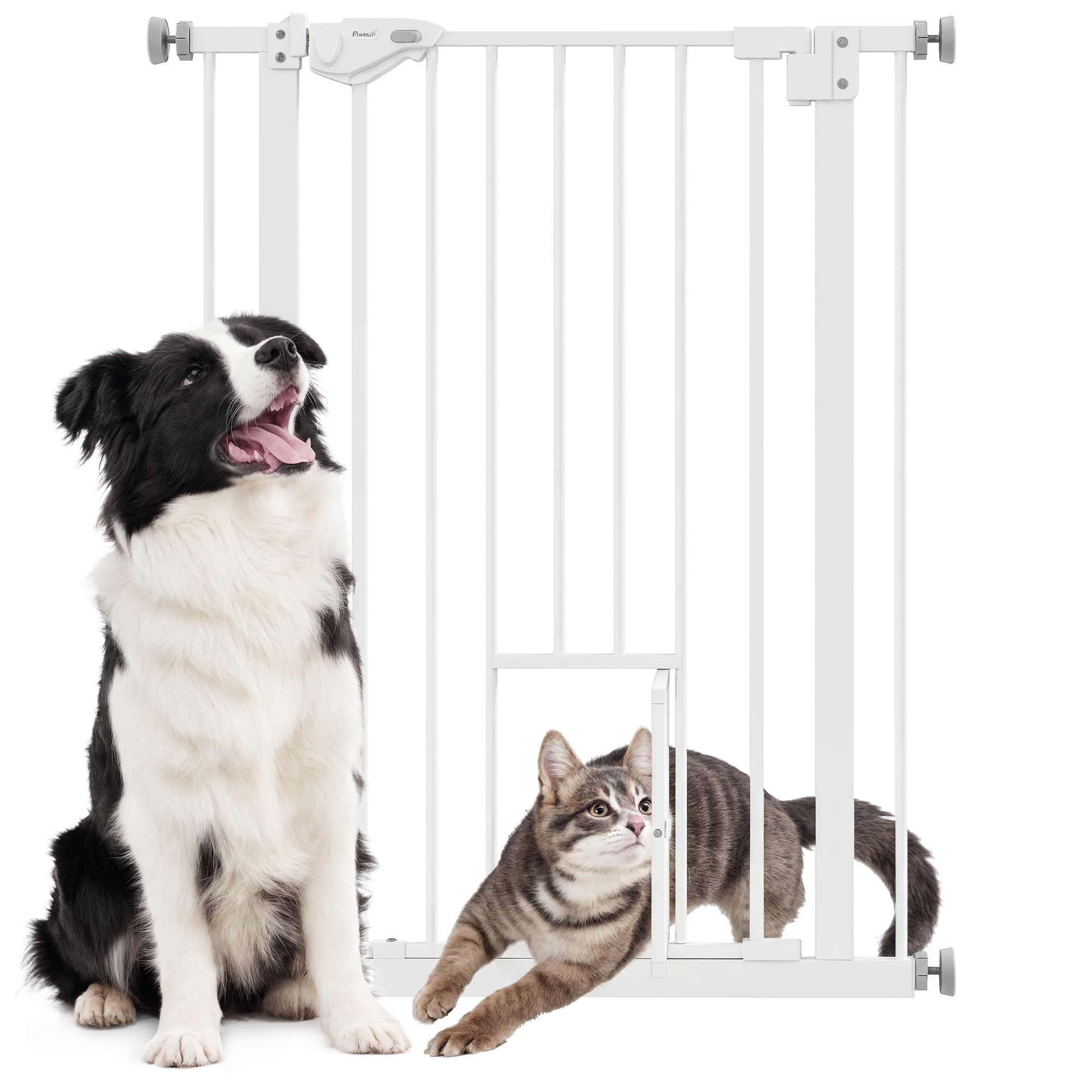 foto del prodotto pawhut cancelletto per cani con porta piccola, montaggio a pressione e chiusura automatica, 74-80x91.4cm, bianco