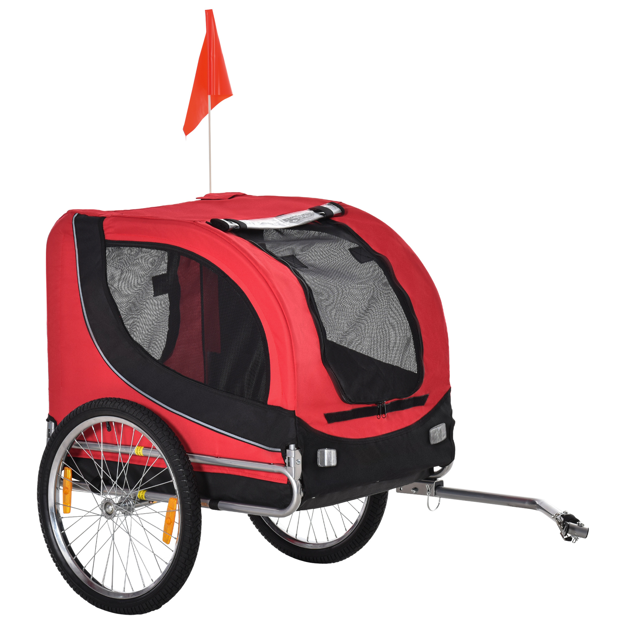 foto del prodotto pawhut carrello per cani rimorchio bici in acciaio e tessuto oxford copertura per pioggia 130x73x90cm rosso e nero aosom