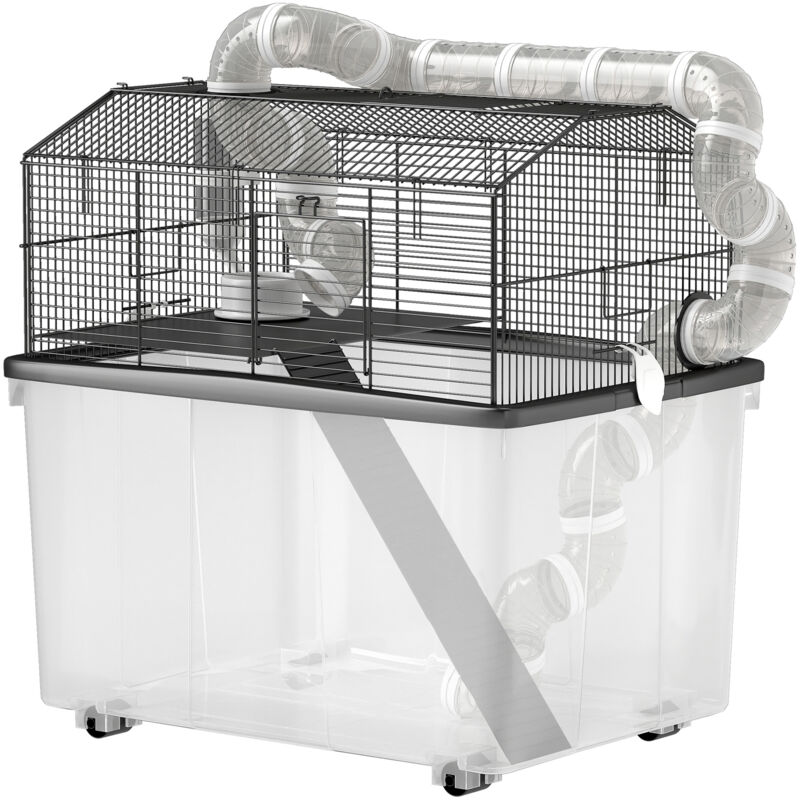 foto del prodotto pawhut casetta per criceti 2 piani con ruote, tubi e rampa 58x43x57 cm nero