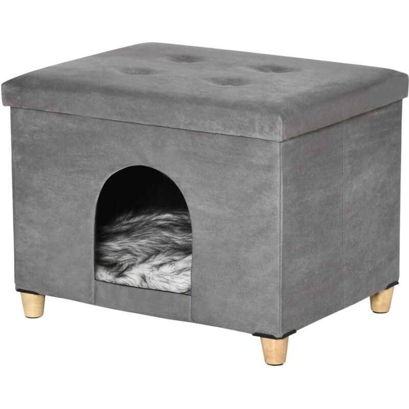 foto del prodotto pawhut casetta per gatti pouf poggiapiedi con cuscino rimovibile grigio