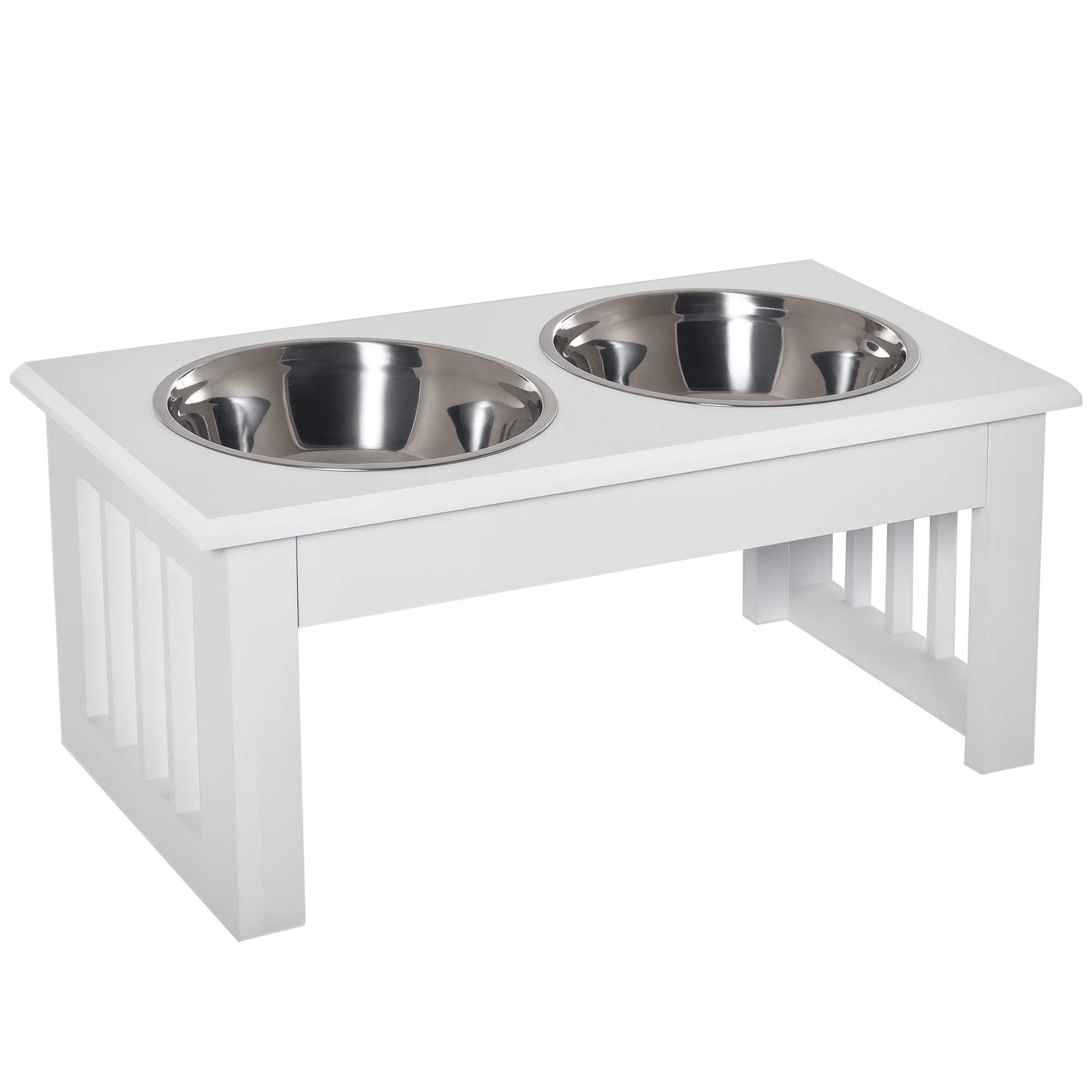foto del prodotto pawhut ciotola rialzata per cani in acciaio inossidabile, base in legno mdf, con 2 piatti, 44x24x15cm aosom