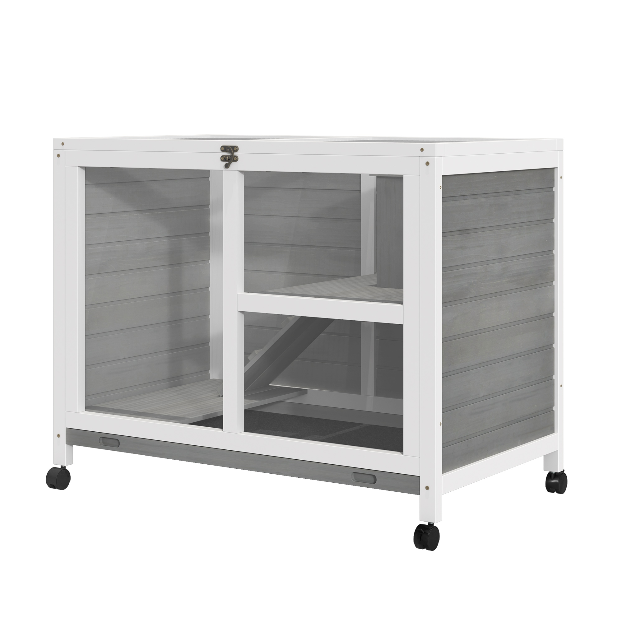 foto del prodotto pawhut conigliera da interno in legno a 2 livelli con ruote e scala, gabbia per conigli e porcellini, 91.5 x 53.3 x 73cm grigio aosom