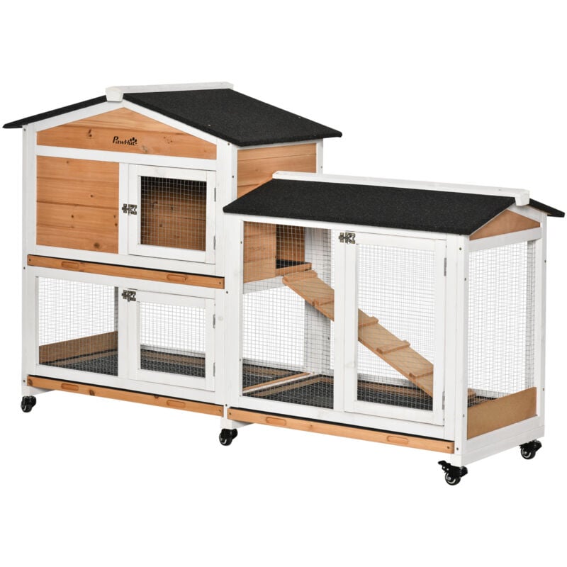 foto del prodotto pawhut conigliera in legno a 2 livelli con rete protettiva 157.4x53x99.5 cm