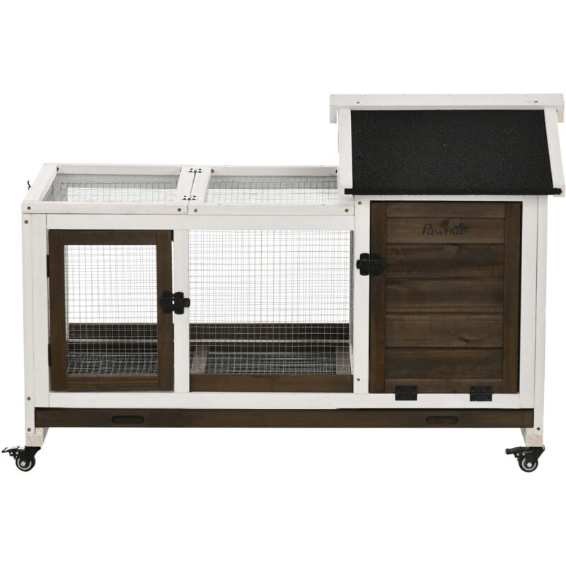 foto del prodotto pawhut conigliera in legno con casetta, ruote, tetto apribile e vassoio marrone