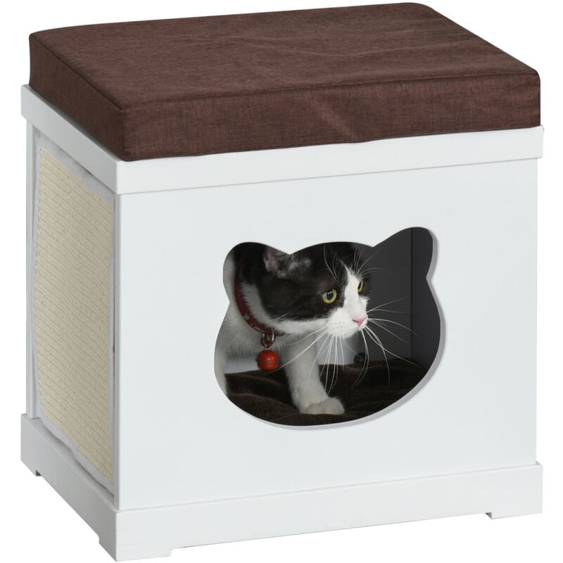 foto del prodotto pawhut cuccia casetta per gatti in legno con 2 cuscini e tiragraffi