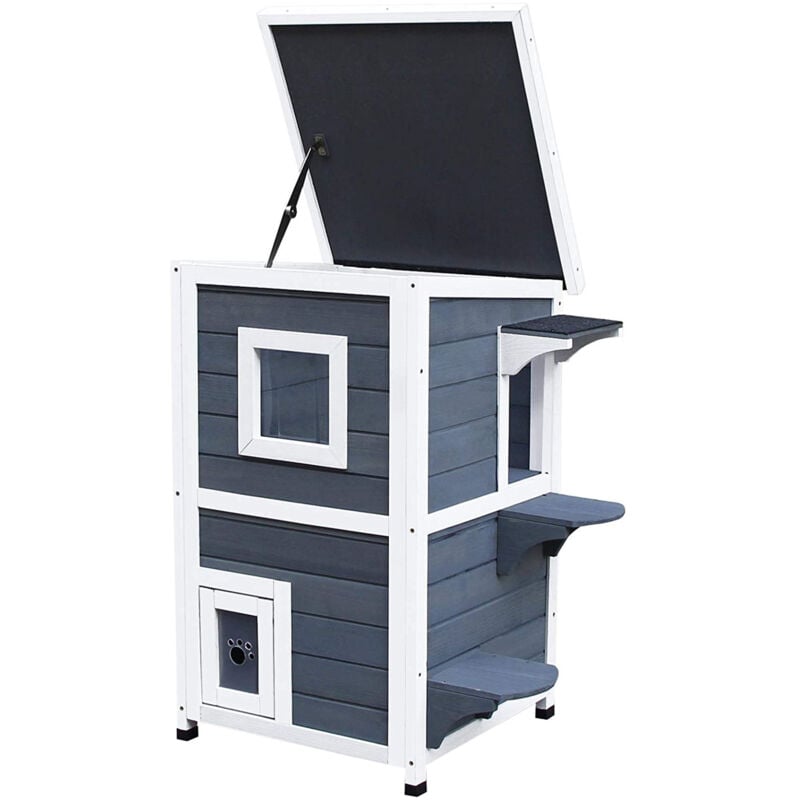 foto del prodotto pawhut cuccia per gatti in legno impermeabile a 2 piani, 51x51x81.3cm