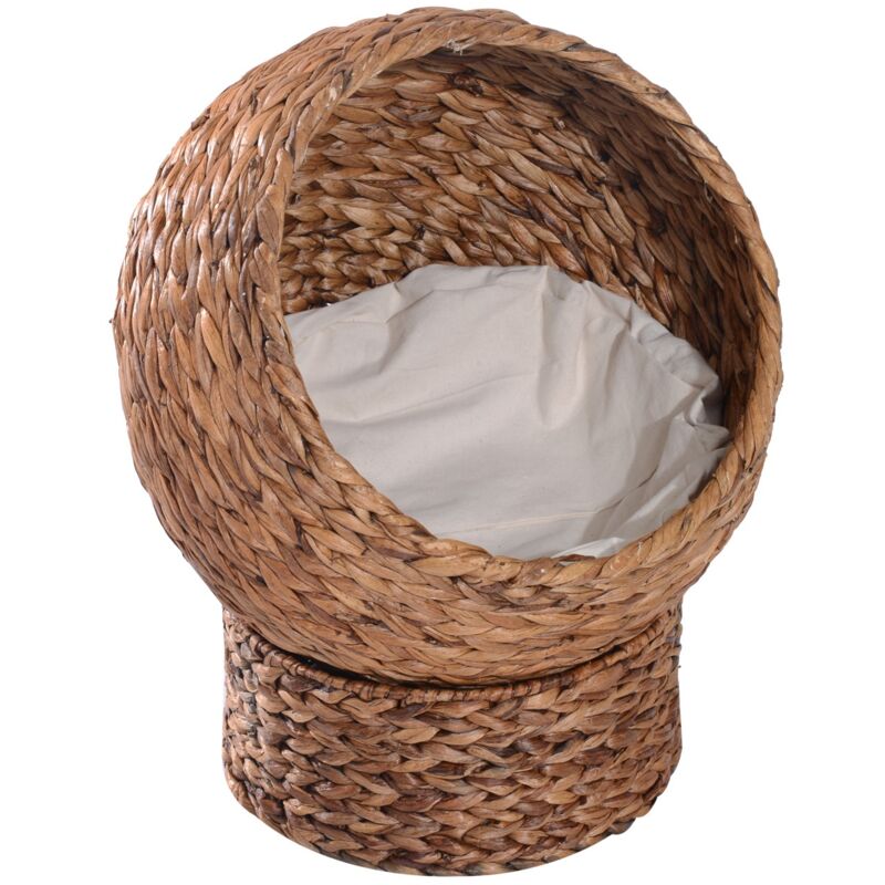 foto del prodotto pawhut easycomfort cuccia rialzata per gatti in vimini, con cuscino in cotone, marrone e bianco, 42 x 33 x 52cm