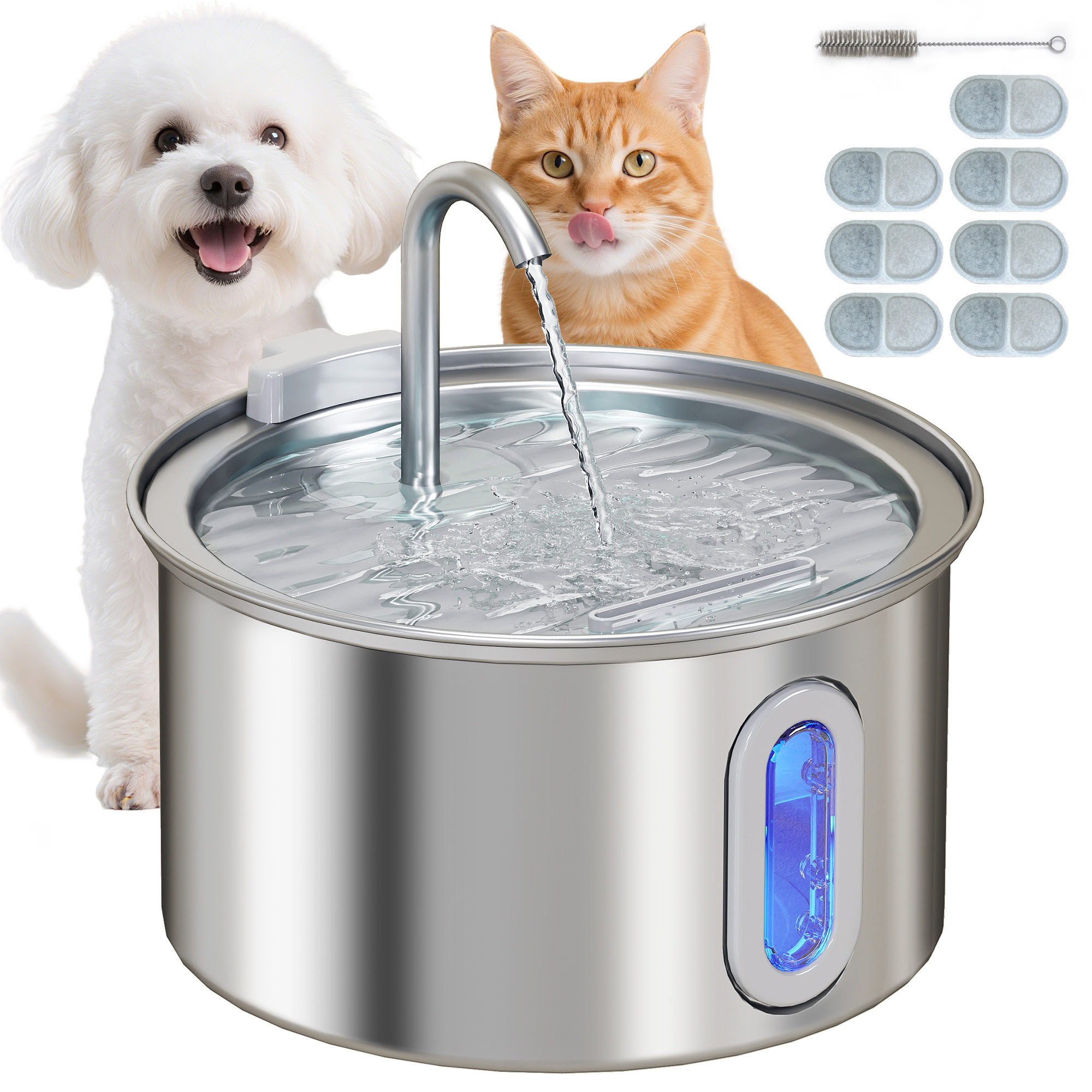 foto del prodotto pawhut fontanella per gatto 2.5l con luce led e 2 modalità di flusso, in acciaio inox, 19.4x19.4x18.7 cm, argento aosom italy