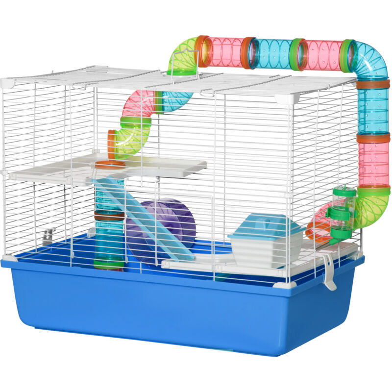 foto del prodotto pawhut gabbia per criceti con giochi tunnel e casetta blu e bianco