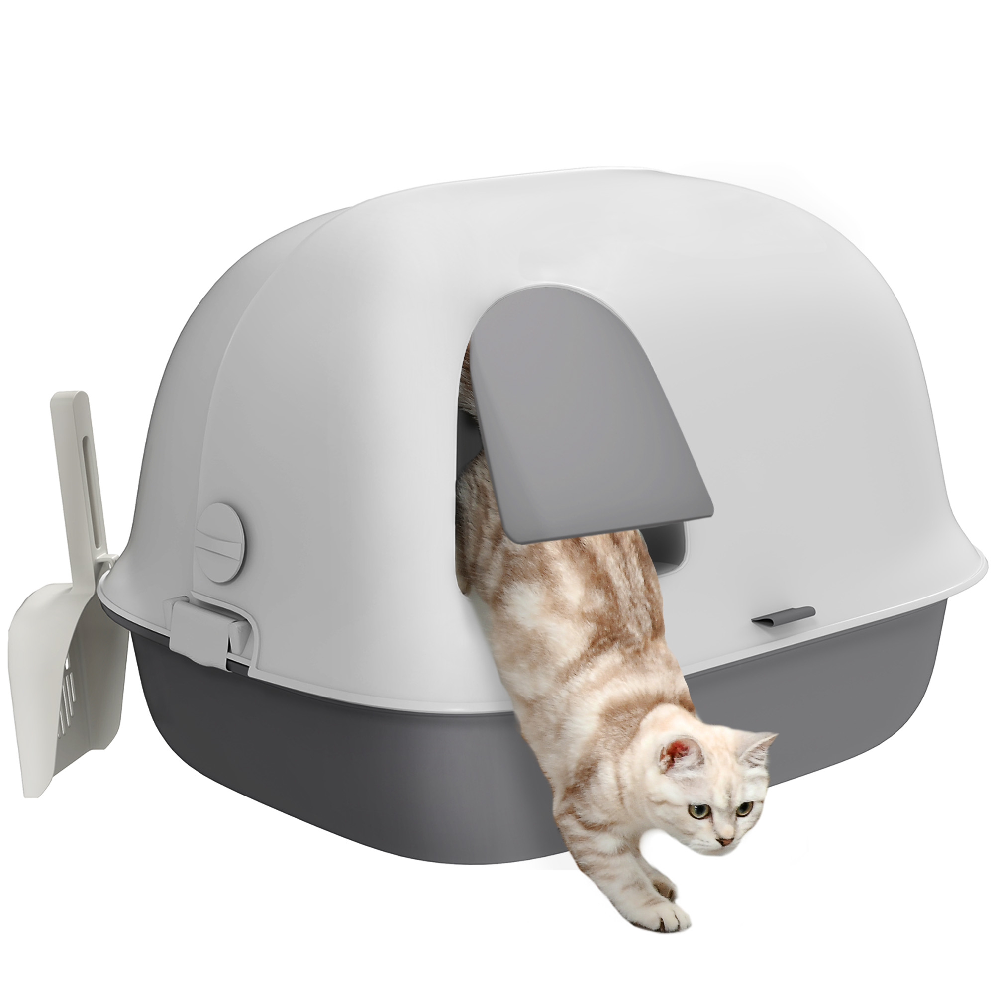 foto del prodotto pawhut lettiera per gatti chiusa con gattaiola e paletta, in pp, 58x46x39 cm, grigio chiaro e bianco