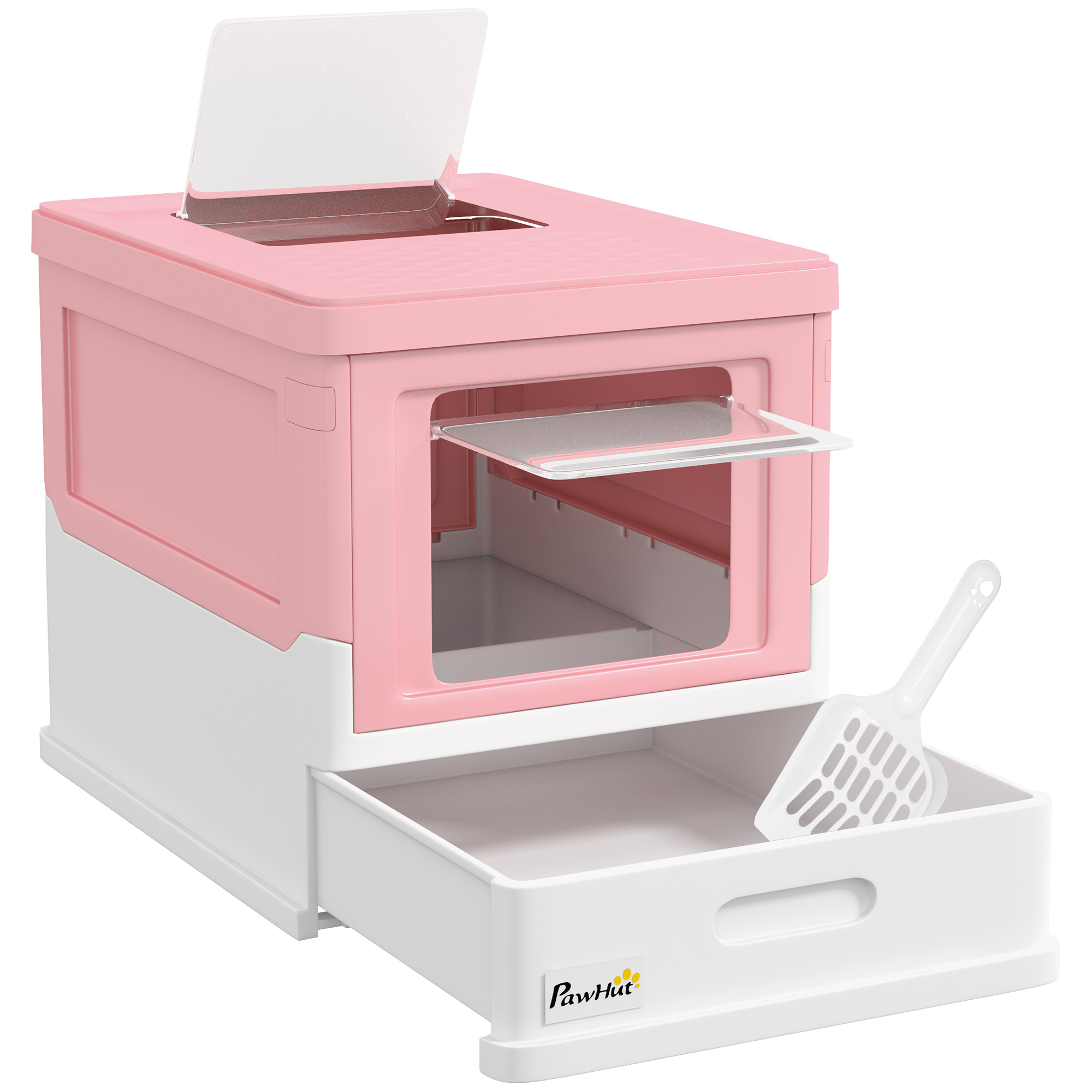 foto del prodotto pawhut lettiera per gatti chiusa in pp a 2 porte con paletta e vassoio estraibile, 47.5x35.5x36.7 cm, rosa e bianco