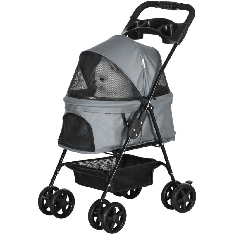 foto del prodotto pawhut passeggino per cani piccoli pieghevole, ruote girevoli, grigio