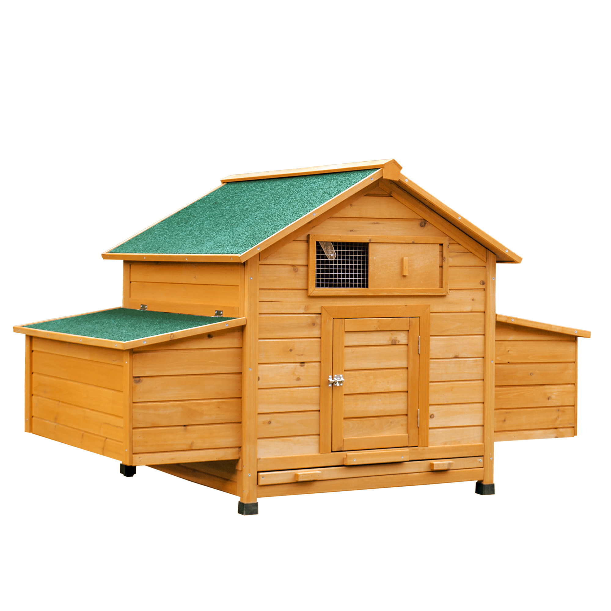 foto del prodotto pawhut pollaio gabbia ovaiole per galline da giardino con 2 cassetti, nido e tetto da esterno impermeabile in legno, 150x100x96.5 cm aosom