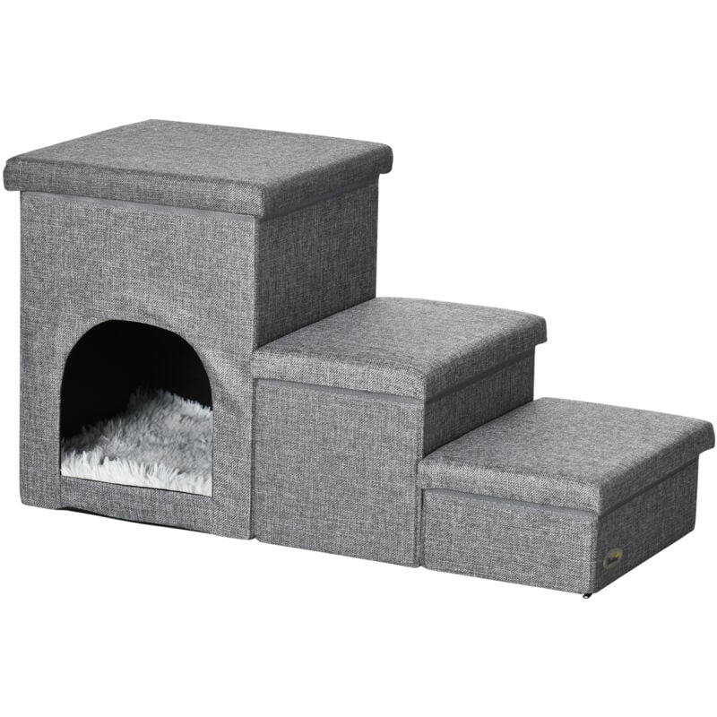 foto del prodotto pawhut scaletta per cani e gatti con casa e spazio portaoggetti in mdf grigio