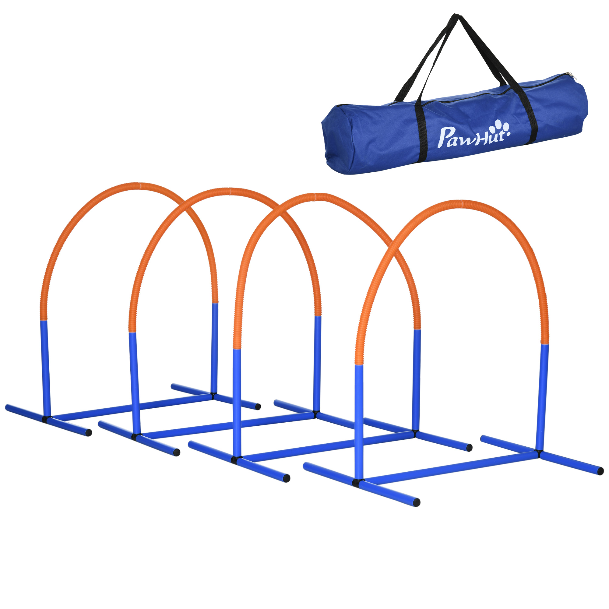 foto del prodotto pawhut set agility dog con 4 archi componibili e borsa da trasporto, in pe e abs, 88x64x95 cm, blu e arancione