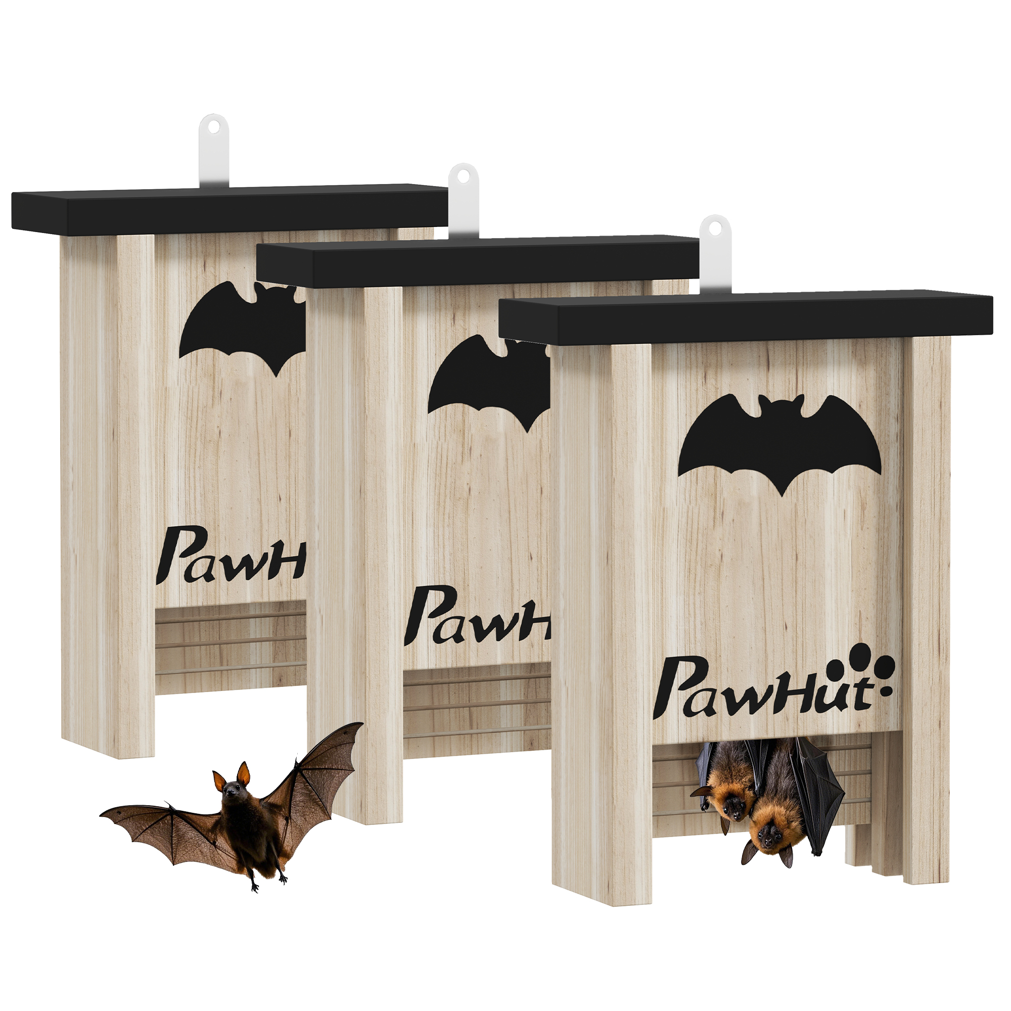 foto del prodotto pawhut set di 3 casette per pipistrelli bat box in legno di abete, 18x6x22.5 cm, colore legno