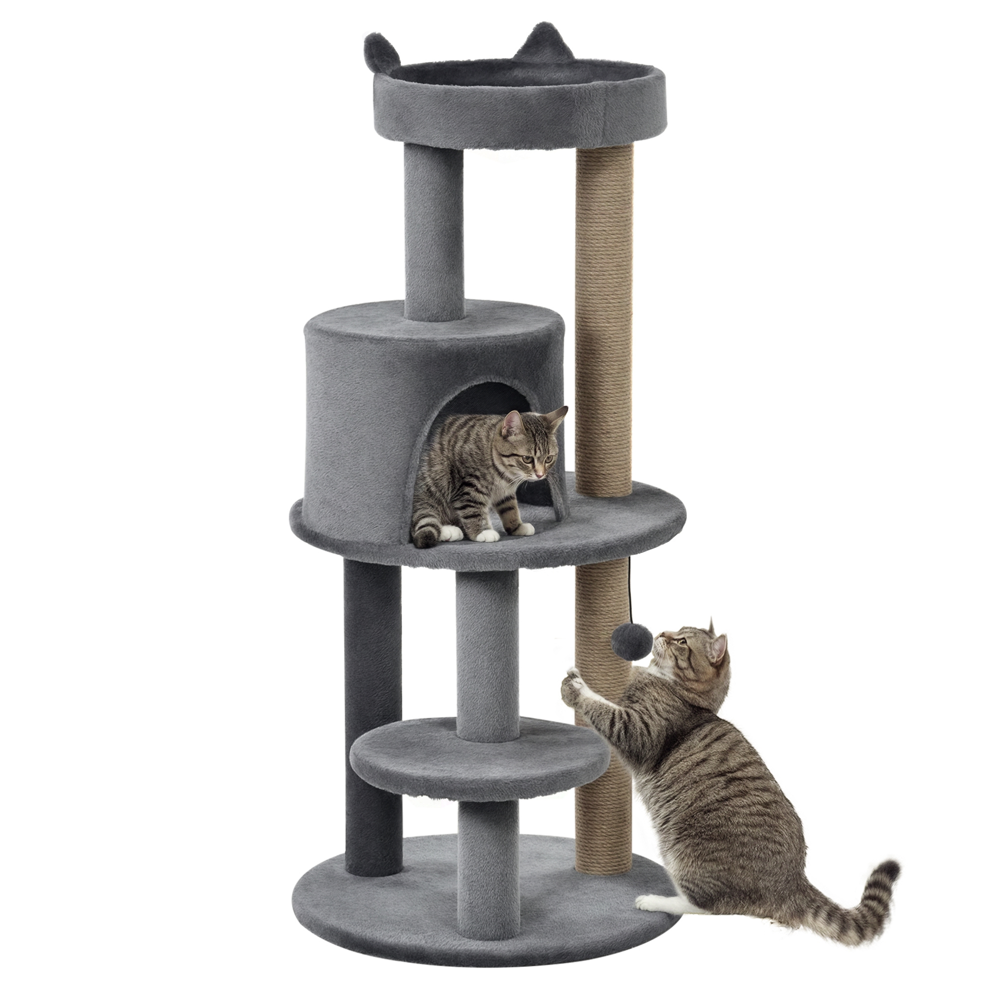 foto del prodotto pawhut tiragraffi gatti a 3 livelli albero per gatti con cuccia ,piattaforma e colonna sisal da graffiare giocattolo, grigio aosom