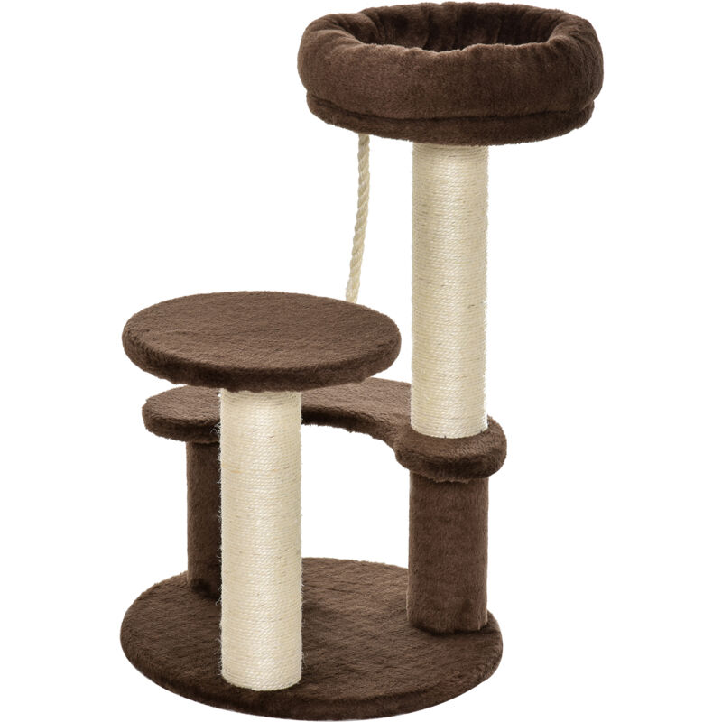 foto del prodotto pawhut tiragraffi per gatti 3 livelli con lettino peluche e pali sisal marrone