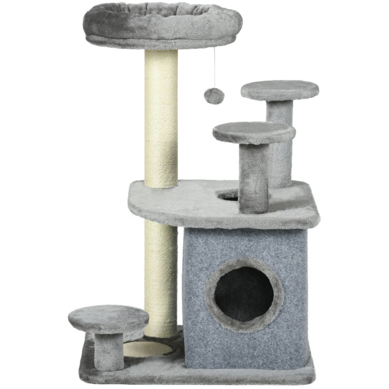 foto del prodotto pawhut tiragraffi per gatti con casetta e lettino in peluche 60x48x92cm grigio