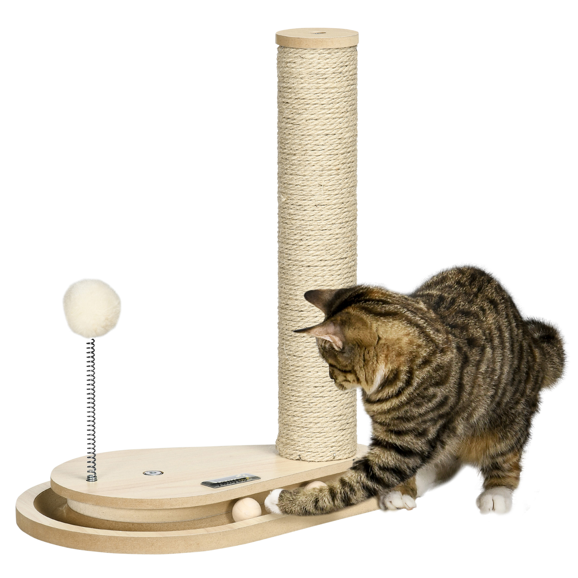 foto del prodotto pawhut tiragraffi per gatti da 4kg max in truciolato e iuta con palline da gioco incluse, 35x23x40 cm, color rovere aosom