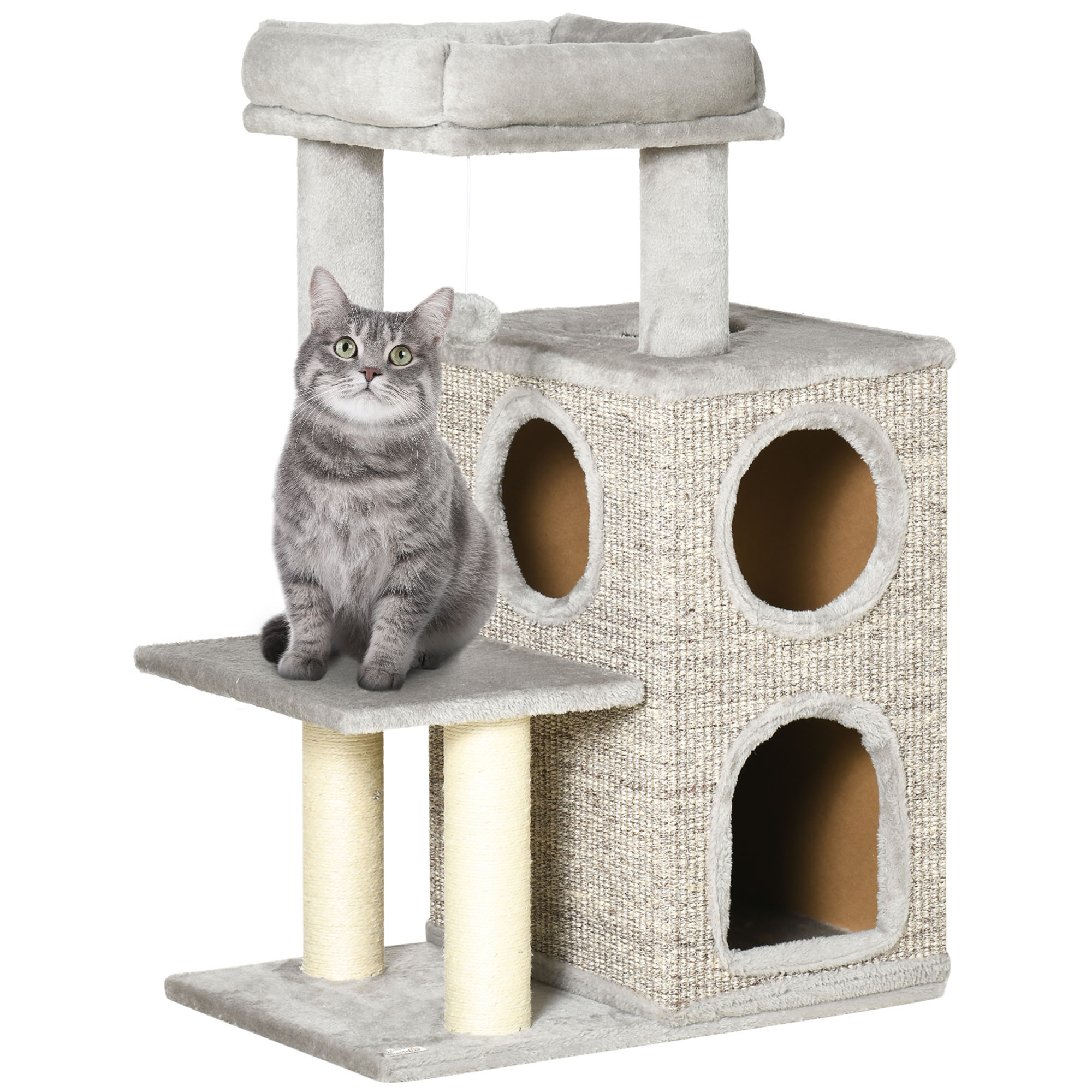 foto del prodotto pawhut tiragraffi per gatti da 5kg max con lettino e pallina da gioco, in truciolato, peluche e corda di sisal, 60x40x91 cm, grigio aosom