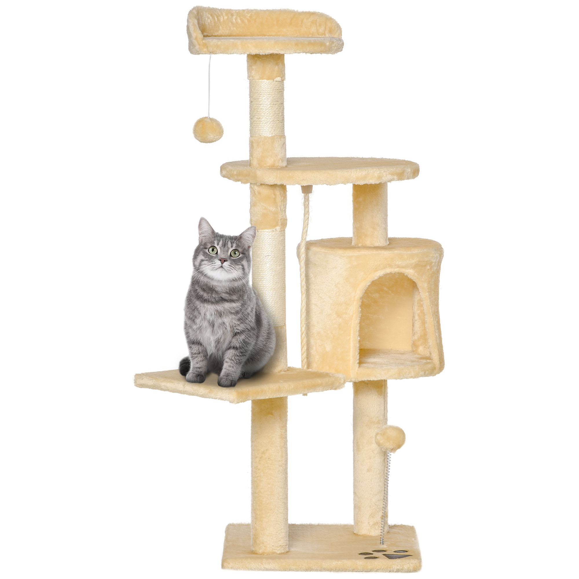 foto del prodotto pawhut tiragraffi per gatto albero tiragraffi a 4 livello con corda sisal e giocattolo, beige 40 40 114cm aosom