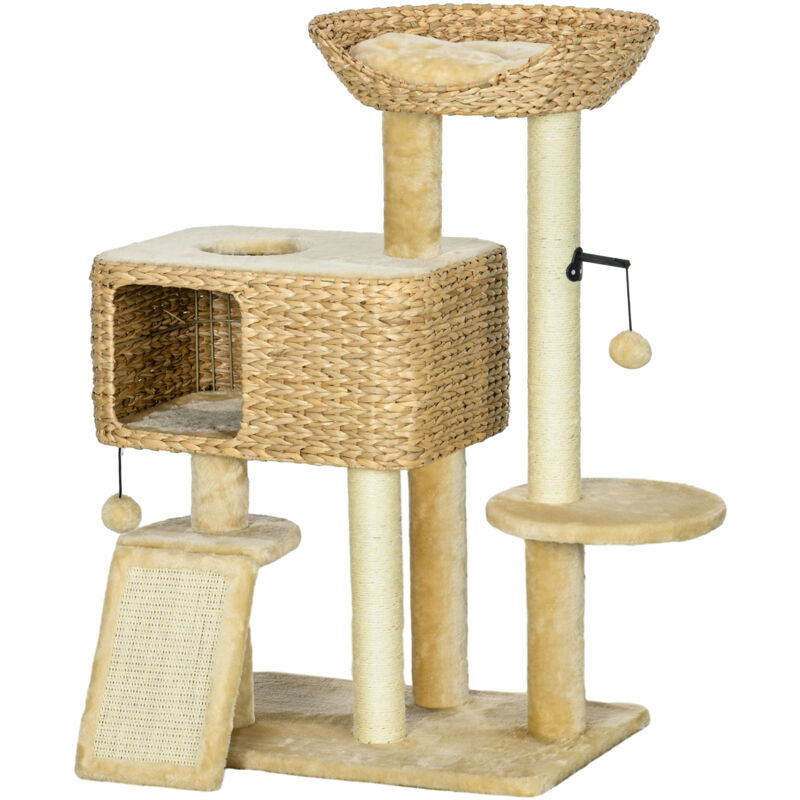 foto del prodotto pawhut torre per gatti con casetta trespolo e pallina 60x40x98 cm marrone beige