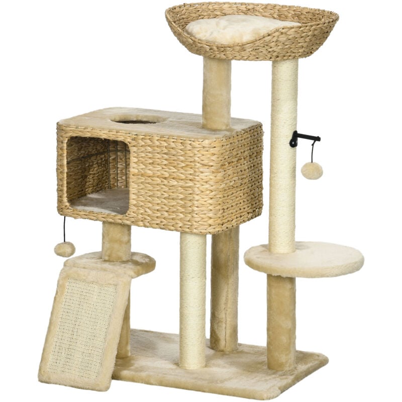 foto del prodotto pawhut torre per gatti con casetta trespolo e pallina da gioco marrone e beige