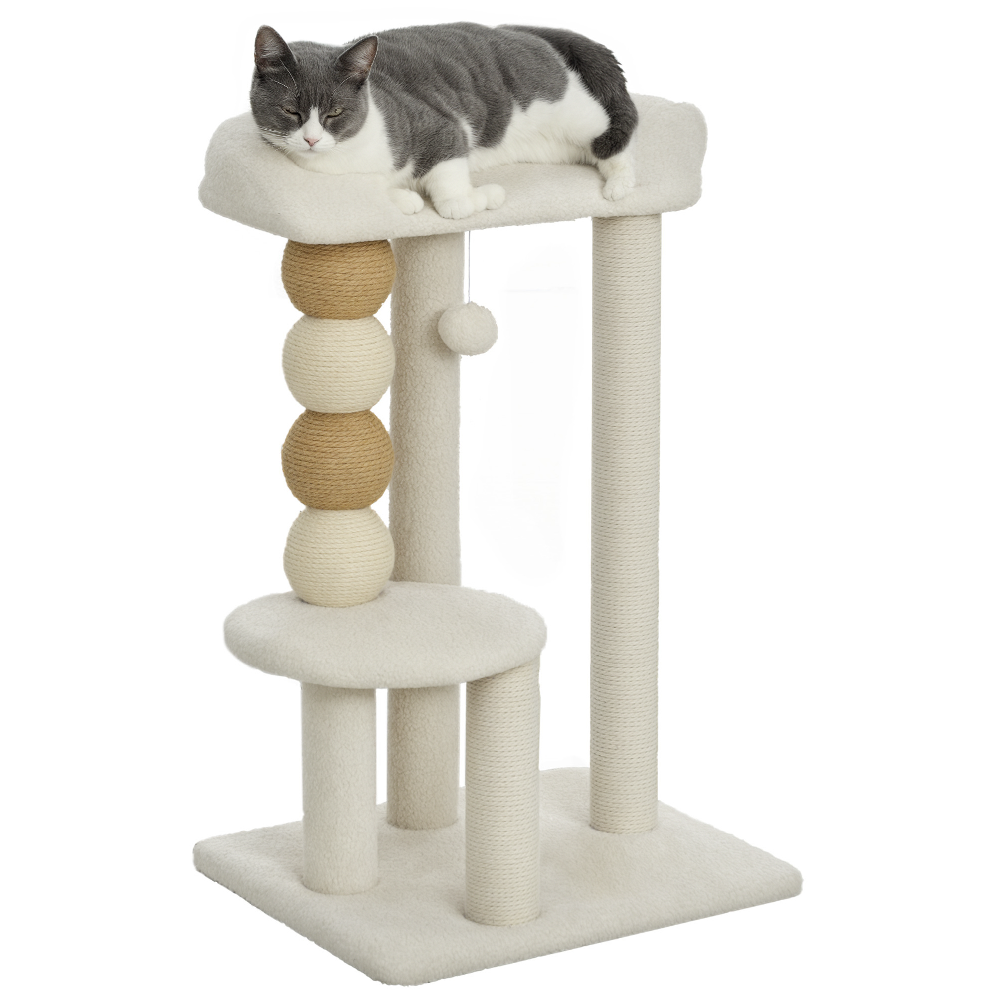 foto del prodotto pawhut torre per gatti con lettino, piattaforma e pallina giocattolo, in legno, peluche e iuta, 48.5x40x76 cm, beige