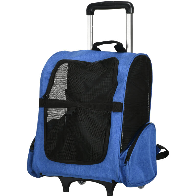 foto del prodotto pawhut trasportino zaino trolley 2 in 1 per cani e gatti con tasche laterali blu