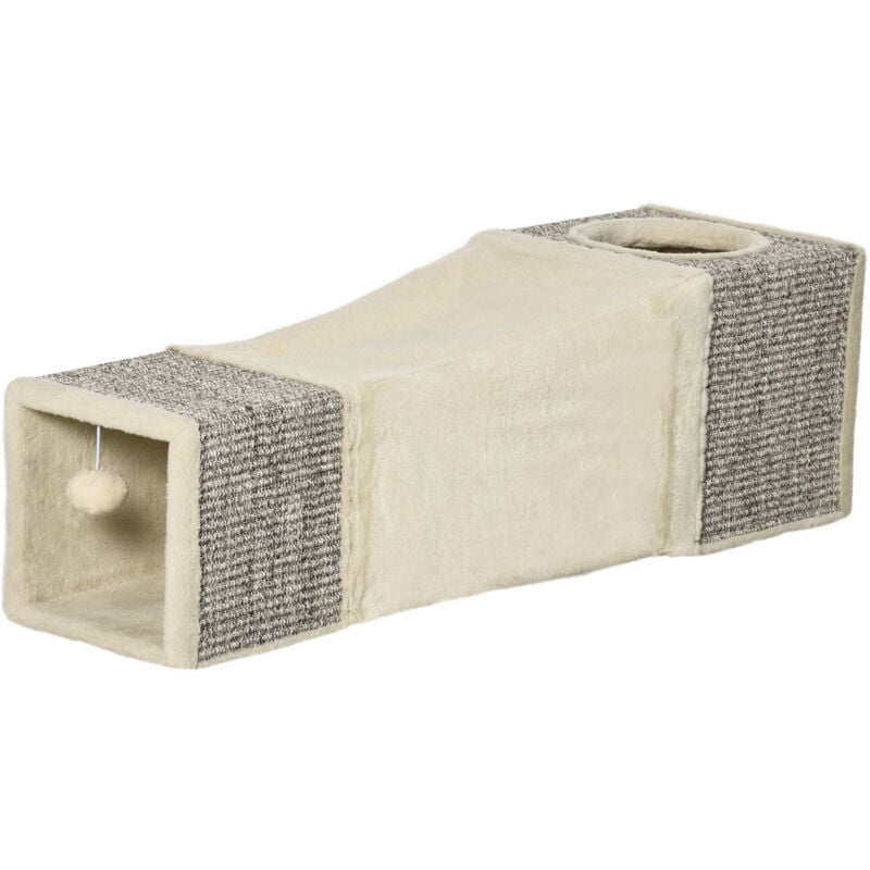 foto del prodotto pawhut - tubo per gatti pieghevole con pallina e tiragraffi sisal peluche crema