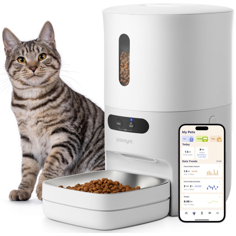foto del prodotto pawsync dispenser automatico di cibo per gatti 3,6l, wifi 2,4g con rapporto dietetico sull app, senza bpa con ciotola in acciaio inossidabile 304,
