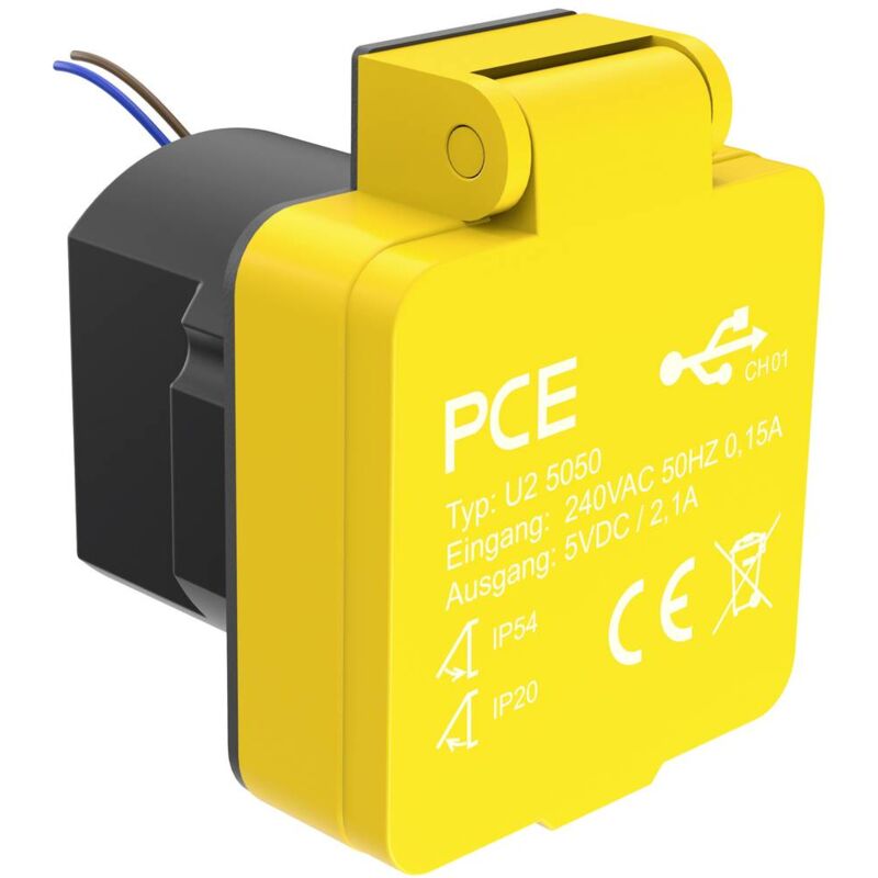 foto del prodotto pce u25050 presa da parete con uscita di ricarica usb ip54 giallo