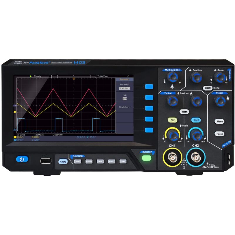 foto del prodotto peaktech 1403, oscilloscopio di memoria digitale, 2 canali, 50 mhz, 500 ms s, interfaccia usb, software pc, p 1403