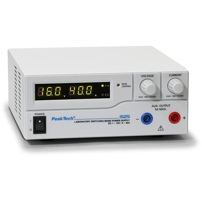 foto del prodotto peaktech 1525 generatore da laboratorio dc 1 16v 0 40a con display led a 3 cifre, alimentatori, 3 preset registrabili, protezione da sovraccarico