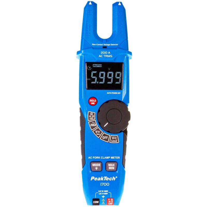 foto del prodotto peaktech 1700 true rms pinza elettrica forcella, 200 a, rivelatore di tensione con display lcd, misuratore di pinza a forcella, misuratore di