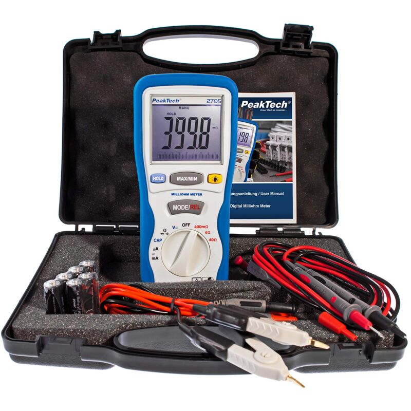 foto del prodotto peaktech 2705 milliohmetro digitale con puntali kelvin a 4 pin, misurazione della distanza, t v gs, multimetro, tester di continuit , grafico a