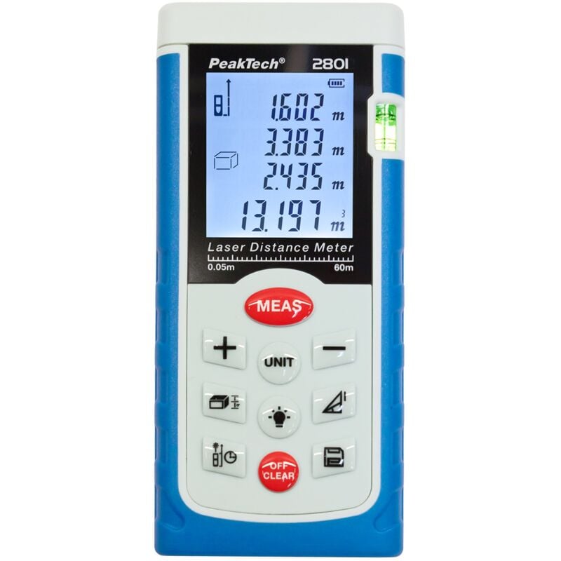 foto del prodotto peaktech di alta qualit laser misuratore di distanza 0,05 m... 60 m, con display lcd retroilluminato e livella a bolla d aria, 1 pezzi, p 2801