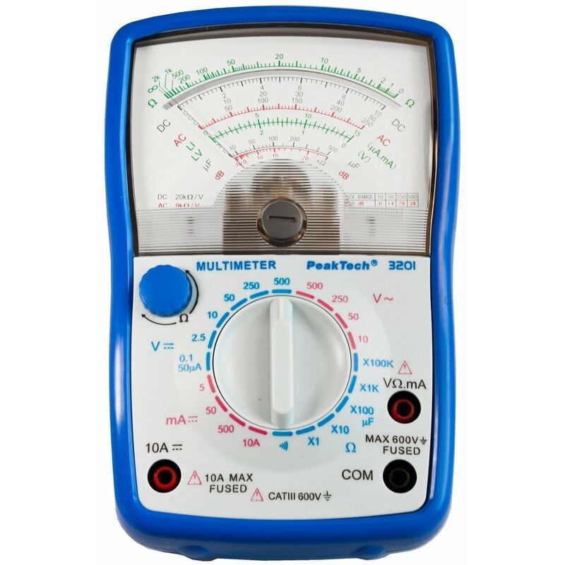 foto del prodotto peaktech multimetro analogico cat iii 600 v amperometro 10 a dc voltmetro 500 v ac dc tester di continuit , 1 pezzo, p 3201, blu