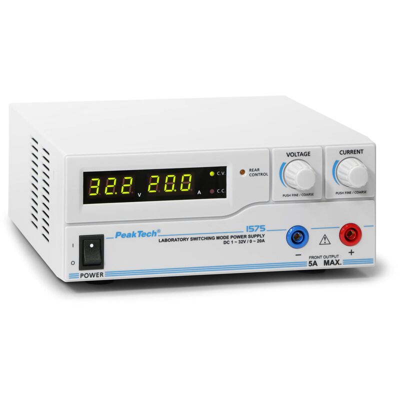foto del prodotto peaktech p 1575 dc laboratory supply 1 32v 0 20a con usb, generatore dc, display a led, 3 preset da definire dall utente, protezione da