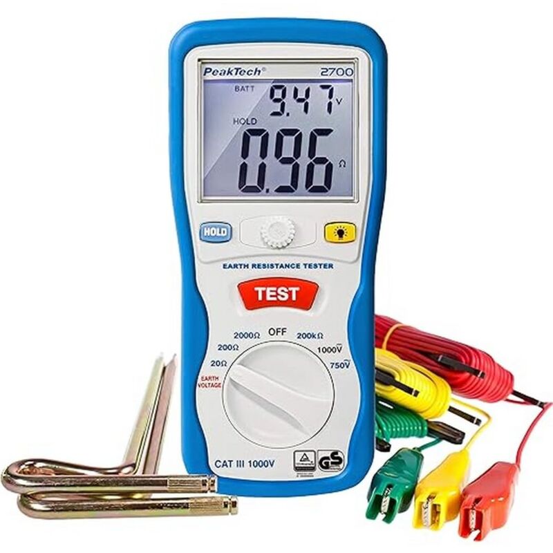 foto del prodotto peaktech p 2700 misuratore di resistenza di terra digitale, display lcd a doppia illuminazione e 2 aste di terra, resistenza di terra, ac dc,